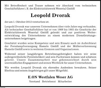 Traueranzeige von Leopold Dvorak von Deister- und Weserzeitung