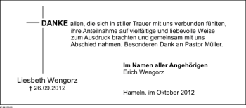 Traueranzeige von Liesbeth Wengorz von Deister- und Weserzeitung