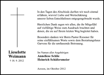 Traueranzeige von Lieselotte Weimann von Deister- und Weserzeitung
