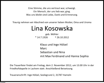 Traueranzeige von Lina Kosowska von Deister- und Weserzeitung