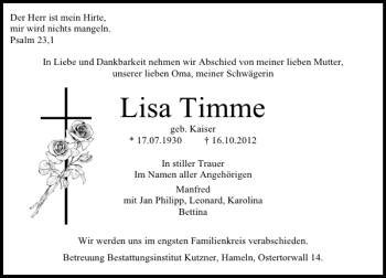 Traueranzeige von Lisa Timme von Deister- und Weserzeitung