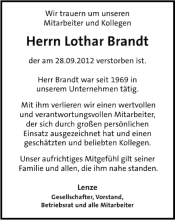 Traueranzeige von Lothar Brandt von Deister- und Weserzeitung