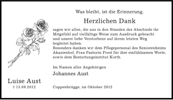 Traueranzeige von Luise Aust von Deister- und Weserzeitung