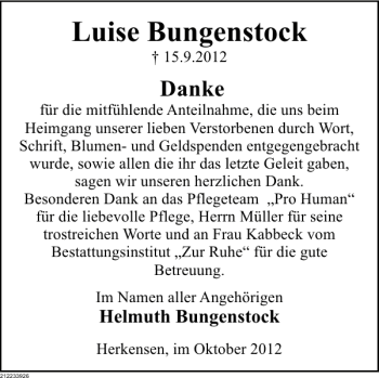 Traueranzeige von Luise Bungenstock von Deister- und Weserzeitung