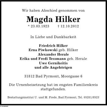 Traueranzeige von Magda Hilker von Deister- und Weserzeitung