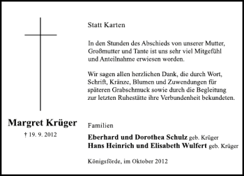 Traueranzeige von Margret Krüger von Deister- und Weserzeitung