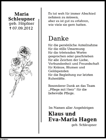 Traueranzeige von Maria Schleupner von Deister- und Weserzeitung