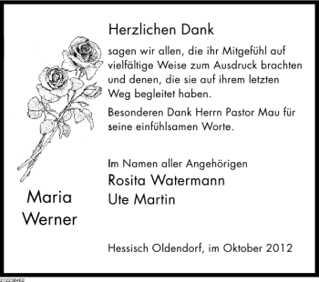 Traueranzeige von Maria Werner von Deister- und Weserzeitung