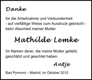 Traueranzeige von Mat Mathil hilde de Lem Lemke ke  von Deister- und Weserzeitung