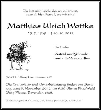 Traueranzeige von Matthias Ulrich Wottke von Deister- und Weserzeitung