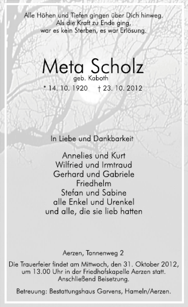  Traueranzeige für Meta Scholz vom 27.10.2012 aus Deister- und Weserzeitung