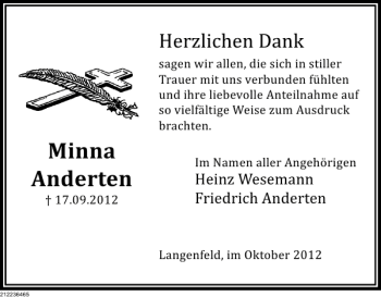 Traueranzeige von Minna Anderten von Deister- und Weserzeitung
