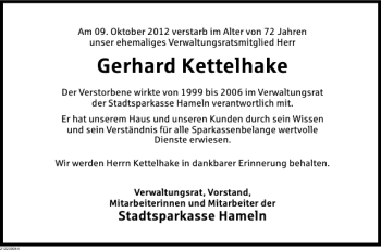 Traueranzeige von Nachruf Kettelhake von Deister- und Weserzeitung