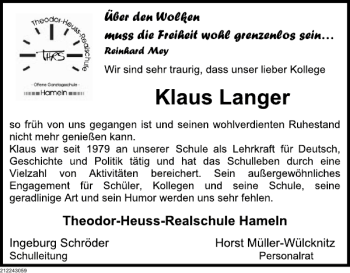 Traueranzeige von Nachruf Langer von Deister- und Weserzeitung