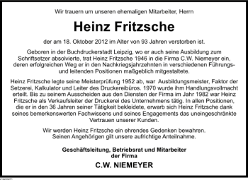 Traueranzeige von Nachruf Heinz Fritsche von Deister- und Weserzeitung