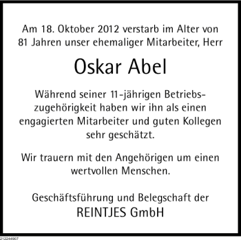 Traueranzeige von Nachruf Oskar Abel von Deister- und Weserzeitung