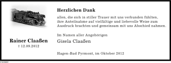 Traueranzeige von Rainer Claaßen von Deister- und Weserzeitung