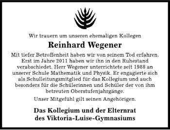 Traueranzeige von Reinhard Wegener von Deister- und Weserzeitung