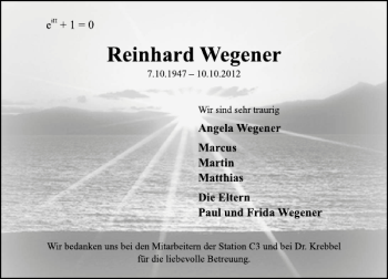 Traueranzeige von Reinhard Wegener von Deister- und Weserzeitung