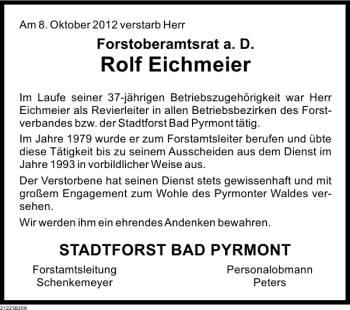 Traueranzeige von Rolf Eichmeier von Deister- und Weserzeitung