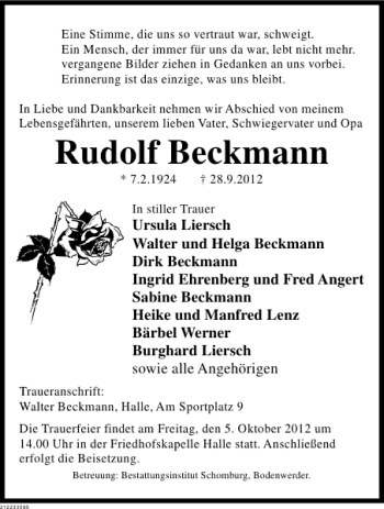 Traueranzeige von Rudolf Beckmann von Deister- und Weserzeitung