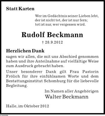 Traueranzeige von Rudolf Beckmann von Deister- und Weserzeitung