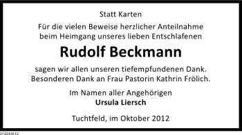 Traueranzeige von Rudolf Beckmann von Deister- und Weserzeitung
