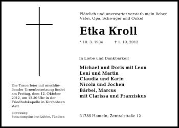 Traueranzeige von TA Etka Kroll. von Deister- und Weserzeitung