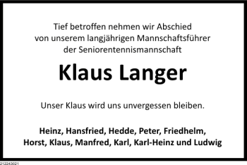 Traueranzeige von TA Klaus Langer von Deister- und Weserzeitung