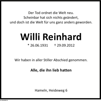 Traueranzeige von TA Willi Reinhard von Deister- und Weserzeitung