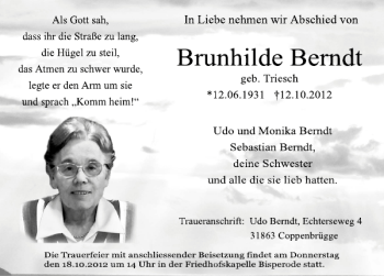 Traueranzeige von TA brunhilde berndt von Deister- und Weserzeitung