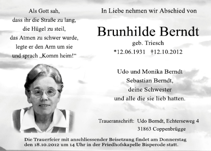  Traueranzeige für TA brunhilde berndt vom 16.10.2012 aus Deister- und Weserzeitung