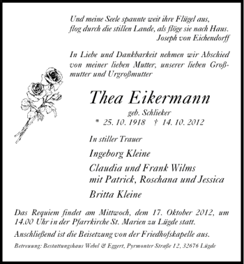 Traueranzeige von Thea Eikermann von Deister- und Weserzeitung