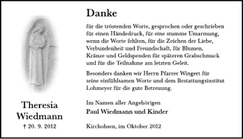Traueranzeige von Theresia Wiedmann von Deister- und Weserzeitung