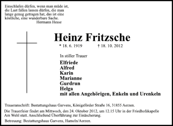 Traueranzeige von Traueranzeige Fritzsche von Deister- und Weserzeitung