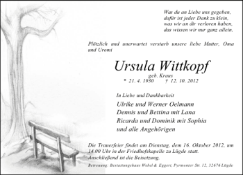 Traueranzeige von Ursula Wittkopf von Deister- und Weserzeitung