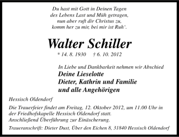 Traueranzeige von Walter Schiller von Deister- und Weserzeitung