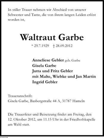 Traueranzeige von Waltraut Garbe von Deister- und Weserzeitung