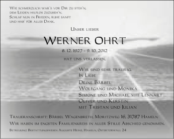 Traueranzeige von Werner Ohrt von Deister- und Weserzeitung