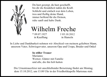 Traueranzeige von Wilhelm Freche von Deister- und Weserzeitung