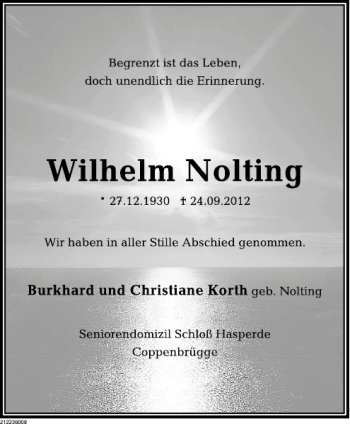 Traueranzeige von Wilhelm Nolting von Deister- und Weserzeitung