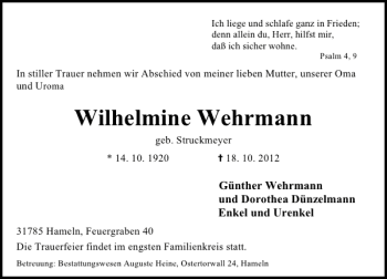 Traueranzeige von Wilhelmine Wehrmann von Deister- und Weserzeitung