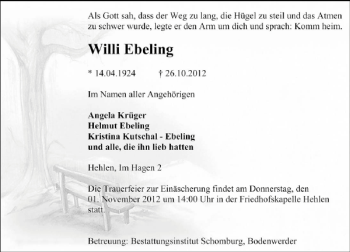 Traueranzeige von Willi Ebeling von Deister- und Weserzeitung