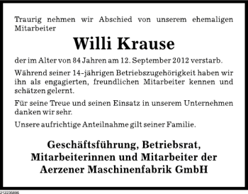 Traueranzeige von Willi Krause von Deister- und Weserzeitung