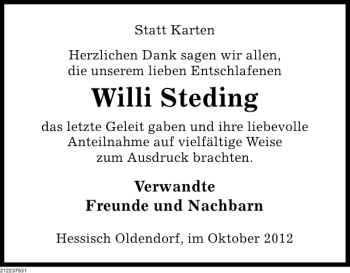 Traueranzeige von Willi Steding von Deister- und Weserzeitung