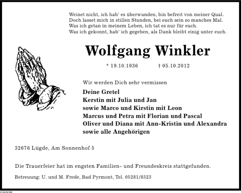  Traueranzeige für Wolfgang Winkler vom 13.10.2012 aus Deister- und Weserzeitung
