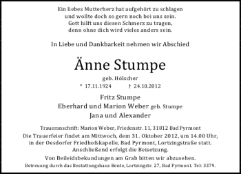 Traueranzeige von Änne Stumpe von Deister- und Weserzeitung
