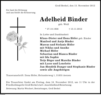 Traueranzeige von Adelheid Binder von Deister- und Weserzeitung