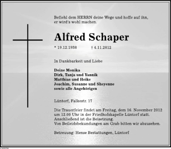 Traueranzeige von Alfred Schaper von Deister- und Weserzeitung