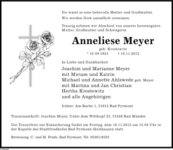 Traueranzeige von Anneliese Meyer von Deister- und Weserzeitung